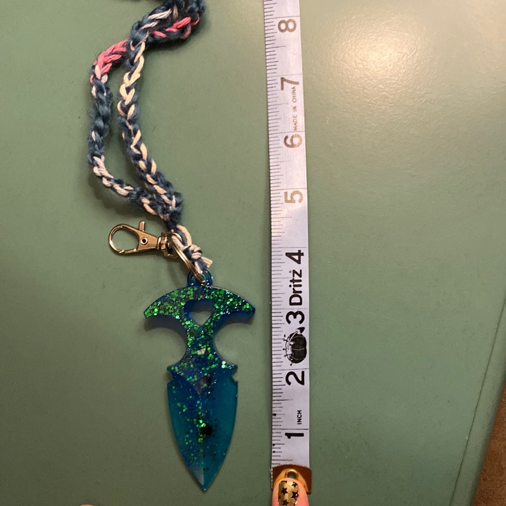 Blue and green resin self defense keychain with stones
